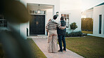 Back, hug and old couple in front yard with new house, relocation or property investment for retirement. Married, senior people and gesture in garden for real estate, mortgage loan or embrace outdoor