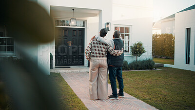 Buy stock photo Back, hug and old couple in front yard with new house, relocation or property investment for retirement. Married, senior people and gesture in garden for real estate, mortgage loan or embrace outdoor