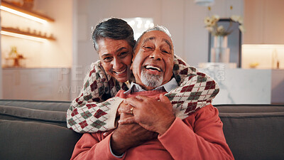 Buy stock photo Love, portrait or senior couple in home with hug, commitment and connection in bonding together. Comfort, smile and elderly people with embrace, romantic moment and happy relationship in retirement.