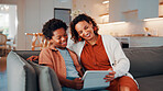 Mother, child and reading in home with tablet, ebook and smile for knowledge growth on weekend break. Happy, African woman and son in living room with tech, online story and learning for development.