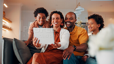 Buy stock photo Tablet, smile and family on sofa in home with comedy blog, social media or internet meme post. Happy, relax and black children with parents on technology for watching funny video in living room.