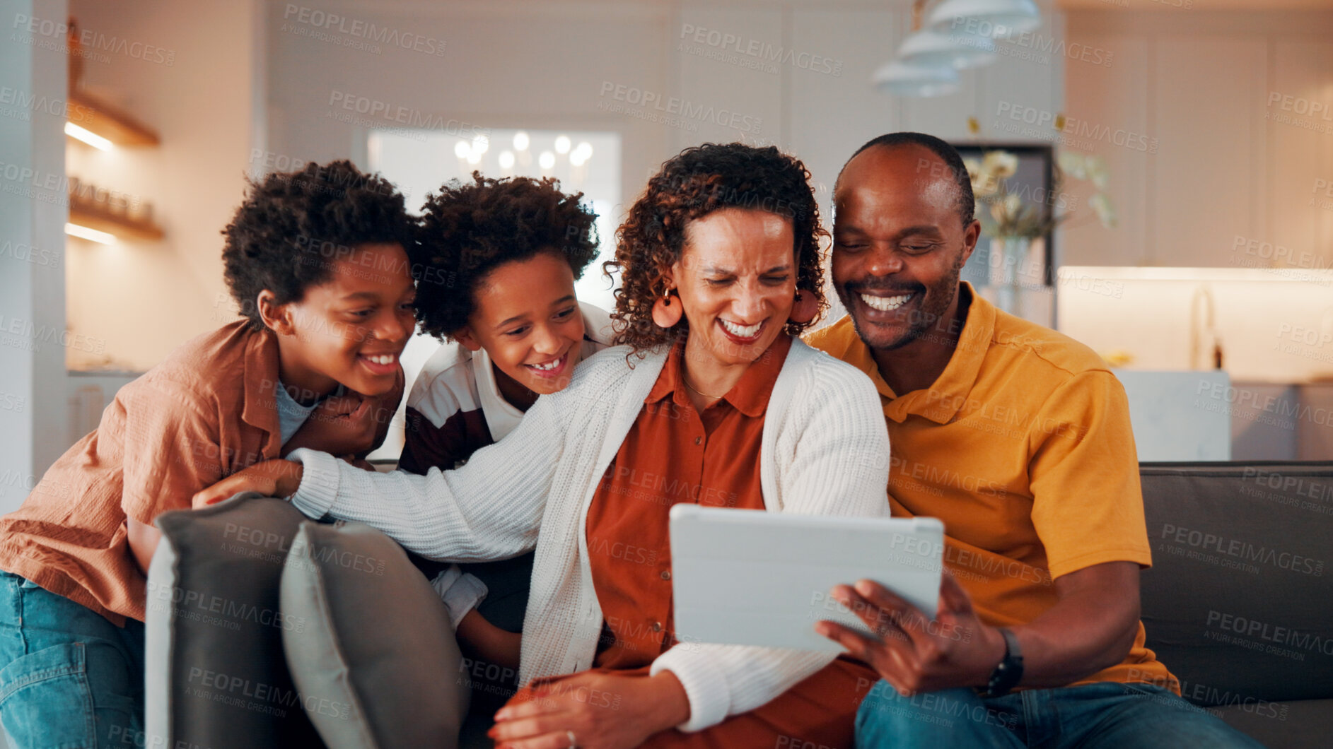 Buy stock photo Tablet, laugh and family on sofa in home with funny blog, social media or internet meme post. Happy, relax and African children with parents on technology for watching comedy video in living room.