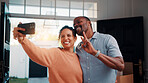 Selfie, peace sign and black couple in house with smile, happy relationship or post update in digital memory. Love, mature man or woman with gesture, bonding together or connection for social media.