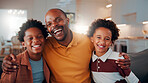 Portrait, father and children at house with hug, love of parental affection for bonding together. Happy, black family and kids on sofa with embrace, connection and childcare for weekend break in home