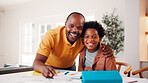 Father, portrait and student son in home for education, homework help or learning together. Hug, notebook and school assignment with family at kitchen counter in apartment for development or support