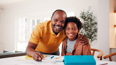 Buy stock photo Father, portrait and student son in home for education, homework help or learning together. Hug, notebook and school assignment with family at kitchen counter in apartment for development or support