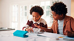 Children, education and helping in home with tablet for homework, research or teaching. App, learning and school assignment with sibling boys at counter in kitchen together for development or support