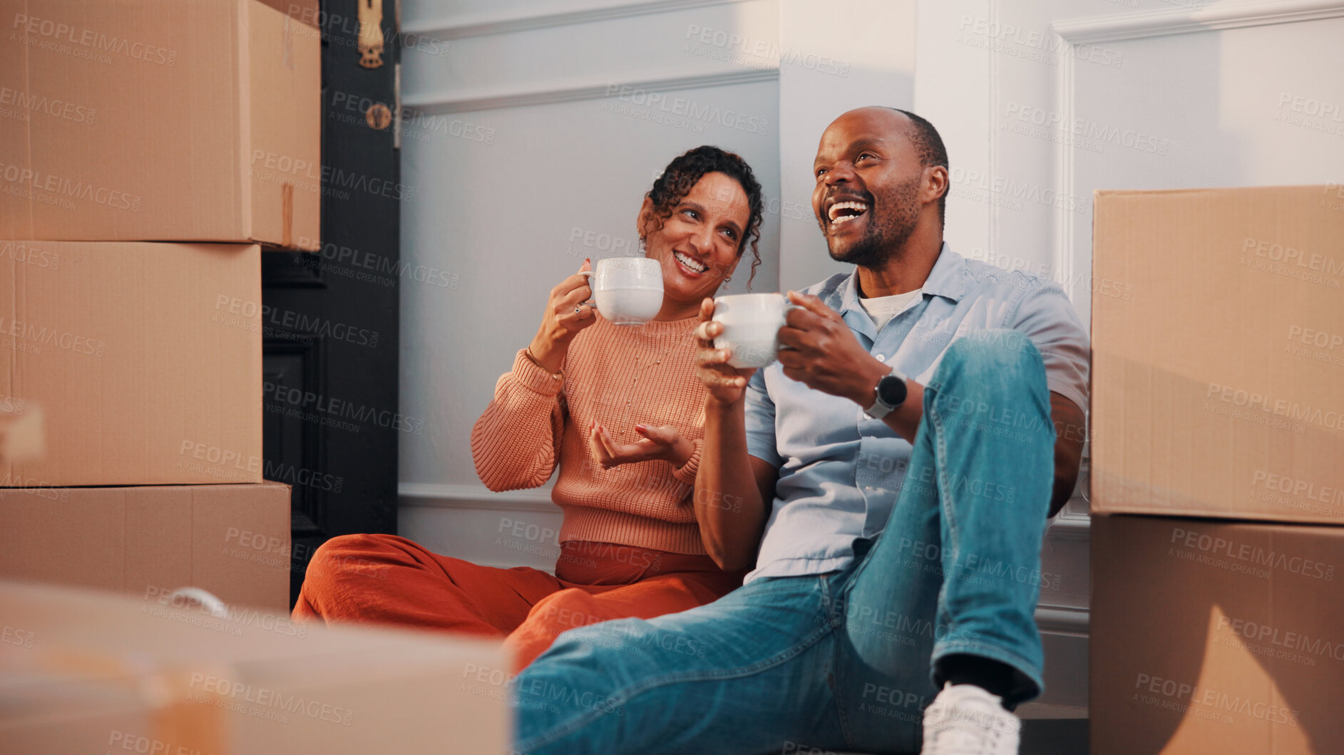 Buy stock photo Boxes, coffee and new home with African couple on floor together for real estate investment. Conversation, drink and property development with happy people in apartment for dream house purchase