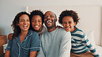 Loving, smile or black family on bed with portrait, connection or bonding together on day off. Security, parents or children in home with love, happy relationship or caring moment on weekend break.