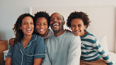 Buy stock photo Loving, smile or black family on bed with portrait, connection or bonding together on day off. Security, parents or children in home with love, happy relationship or caring moment on weekend break.