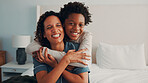 Support, smile or black family on bed with love, parent connection or bonding together on day off. Portrait, mother or child in house with hug, happy relationship or caring moment on weekend break.