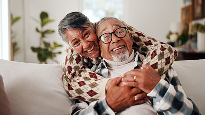 Buy stock photo Funny, hugging and portrait of old couple on sofa in home together for bonding or retirement. Connection, laughing and love with senior people embracing in living room for care, support or wellness
