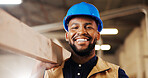 Carpentry, portrait or black man in factory with plank, craftsman or pride in furniture business. Happy, hardhat or carpenter with slab, woodworking confidence or about us as lumber contractor.