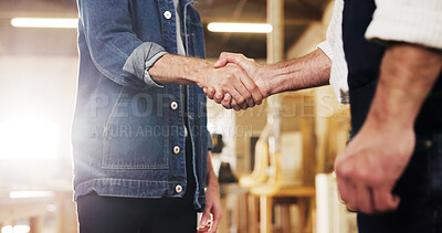 Buy stock photo Handshake, people or carpentry deal in workshop for production contract, joinery team or welcome. Offer, carpenters and shaking hands for project partnership, shopfitting collaboration and agreement