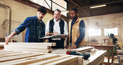 Buy stock photo Carpentry, planning and men with wood in workshop for furniture design, building and woodworking. Team, contractor and people with material for remodeling, lumber production and inventory in factory