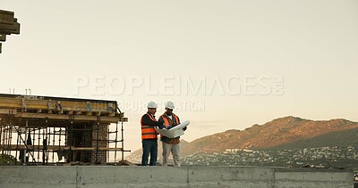 Buy stock photo Team, blueprint and engineer at construction site for planning, development review or layout. Floor plan, men and paperwork for architecture design, building discussion or mockup space outdoor