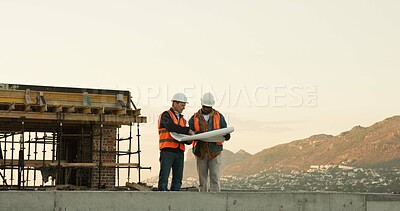 Buy stock photo Team, blueprint and architect at construction site for planning, development review or layout. Floor plan, men and paperwork for architecture design, building discussion or space outdoor on roof