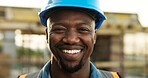 Construction, happy or engineer on site with portrait, contractor or about us in industrial industry. Space, architect or black man with ppe hardhat, laborer or confidence in building development.