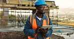 Thinking, architect and man with tablet at construction site, building development or planning project. Tech, civil engineering and black person outdoor for solution, smile and design evaluation