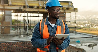 Buy stock photo Thinking, architect and man with tablet at construction site, building development or planning project. Tech, civil engineering and black person outdoor for solution, smile and design evaluation