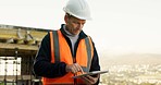 Reading, engineer and man with tablet at construction site, building development or planning project. Tech, architecture and mature person outdoor for quality control, design evaluation and space