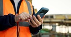Construction, message or hands on worksite with phone, task instruction or inspection report in online chat. Texting, space or engineer with tech, project brief or operations schedule on digital app.