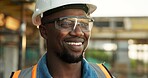 Thinking, black man and engineer at site for construction, inspection and vision for architecture. Smile, person and safety gear outdoor with reflection, quality assurance and building development