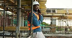 Black man, architect and phone call on construction site with smile, scaffolding and inspection. Person, civil engineer or communication with tech for architecture, building safety or maintenance