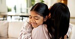 Hug, love and girl with mom in home for bonding, healthy relationship and security for parenting. Family, happy and mother with child embrace for affection, connection and support for trust in house
