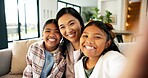 Selfie, portrait and mom with kids on sofa for social media, picture and memory for bonding on weekend. Home, pov and mother with children for post, photo and smile for moment, love and happy family
