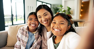 Buy stock photo Selfie, portrait and mom with kids on sofa for social media, picture and memory for bonding on weekend. Home, pov and mother with children for post, photo and smile for moment, love and happy family