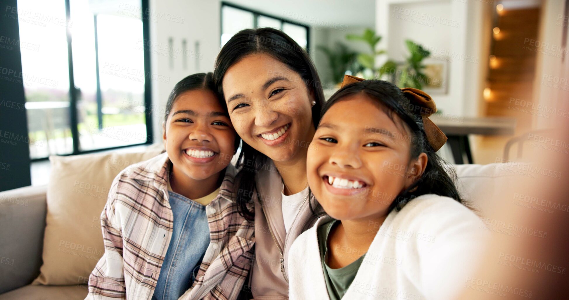 Buy stock photo Selfie, portrait and mom with kids on sofa for social media, picture and memory for bonding on weekend. Home, pov and mother with children for post, photo and smile for moment, love and happy family