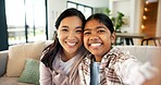 Selfie, happy and portrait of mom with child for social media, picture and memory for bonding on weekend. Family, pov and mother with girl for post, photo and smile for moment, love and care in home