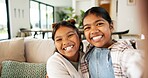 Children, portrait and girl with hug for selfie, holiday bonding or weekend memory together in home. Girls, siblings or sister with smile or embrace on sofa for picture, photography or capture moment