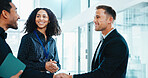 Business, partnership and people in office with handshake, greeting and negotiation in b2b deal. Happy, intro and employees in agency with shaking hands, networking and agreement for collaboration.