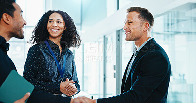 Buy stock photo Business, partnership and people in office with handshake, greeting and negotiation in b2b deal. Happy, intro and employees in agency with shaking hands, networking and agreement for collaboration.