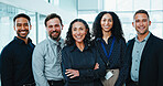 Happy, portrait and business people in office for finance agency, about us and collaboration. Team, arms crossed and men with women for support, solidarity and confident for financial advisor service