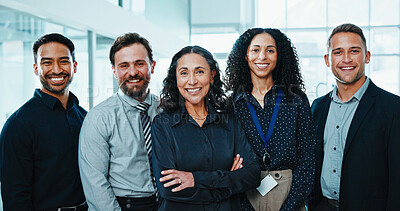 Buy stock photo Happy, portrait and business people in office for finance agency, about us and collaboration. Team, arms crossed and men with women for support, solidarity and confident for financial advisor service