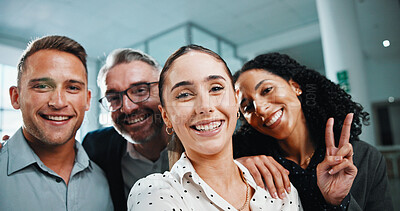 Buy stock photo Portrait, selfie and business people in office with peace sign, smile or bonding for social media post. Happy, team and photography in workplace with v gesture, memories and about us for company.