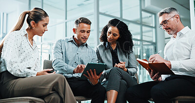 Buy stock photo Meeting, discussion and teamwork with business people in office lobby for project management. Collaboration, conversation and employee group with tablet, notes and planning together in workplace