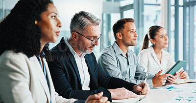 Buy stock photo Business people, tablet and review at office meeting with team, insight or decision at finance company. Group, staff and planning with strategy, asset management and feedback in investment agency