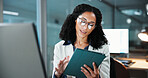 Business, woman or night with tablet for online research, network or project deadline in office. Female person, employee or scrolling on technology in late evening for performance review in workplace