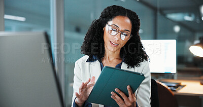 Buy stock photo Business, woman or night with tablet for online research, network or project deadline in office. Female person, employee or scrolling on technology in late evening for performance review in workplace