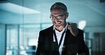 Happy, businessman and winning with tablet in night office for online investment, promotion or bonus. Excited, man or employee working late with smile or fist pump on technology for business success