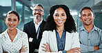 Crossed arms, smile and portrait of business people in office with confidence for finance career. Happy, collaboration and team of financial advisors with manager for pride of about us in workplace.