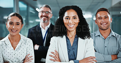 Buy stock photo Crossed arms, manager and portrait of business people in office with confidence for finance career. Happy, leadership and team of financial advisors with smile for pride of about us in workplace.