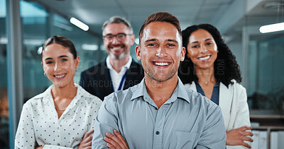 Buy stock photo Smile, pride and portrait of businessman with team in office with confidence for finance career. Leadership, crossed arms and financial advisors with manager for company about us in workplace.