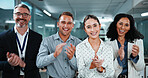 Happy, portrait and business people with applause in office for work night or congratulations. Excited, group or employees clapping in late evening for success or celebration together in workplace