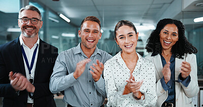 Buy stock photo Happy, portrait and business people with applause in office for work night or congratulations. Excited, group or employees clapping in late evening for success or celebration together in workplace