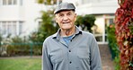 Wellness, portrait and senior man with smile, fresh air and positive attitude in backyard. Wellbeing, happy and elderly person outdoor with confidence, weekend unwind and good mood in retirement.